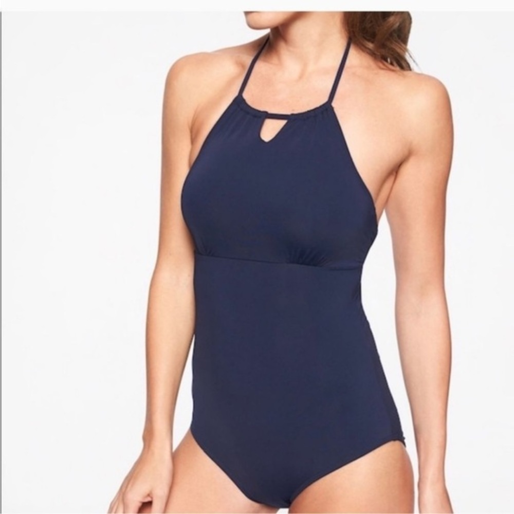 ATHLETA Navy High Neck Keyhole One Piece Scoop Back Swimsuit Size XXS